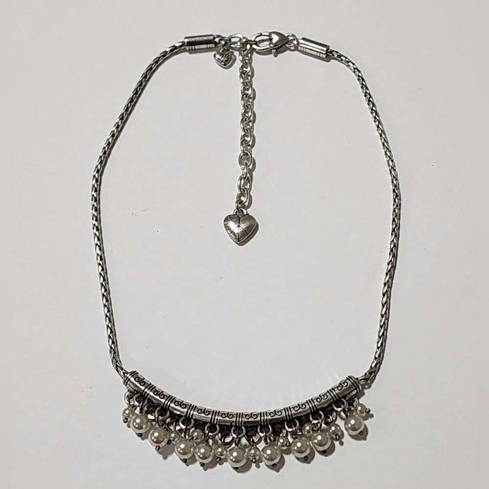 Brighton Silver Tone Necklace with Faux Pearl Dangles and Heart Charm